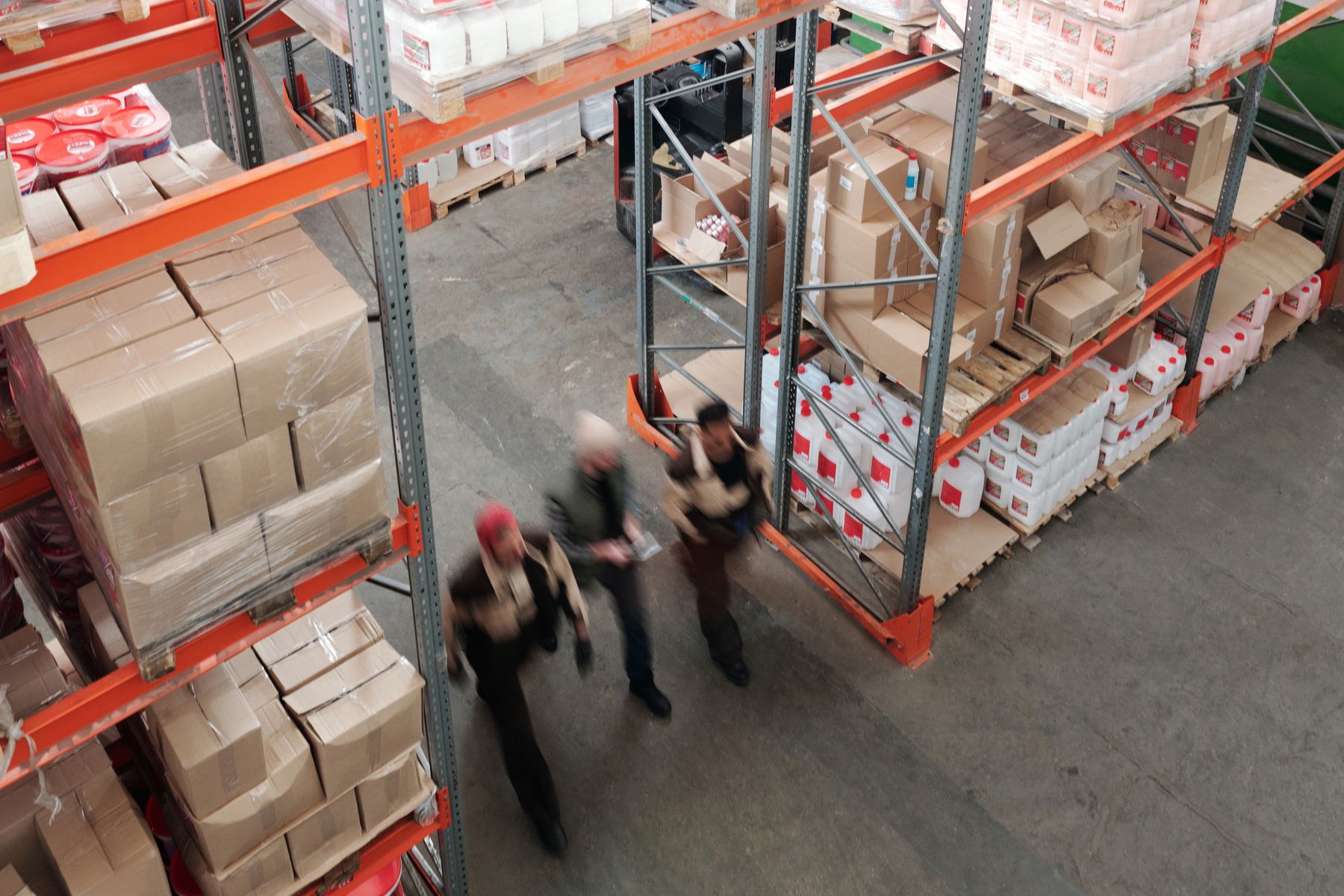 Cartons and packaged products in an industrial warehouse